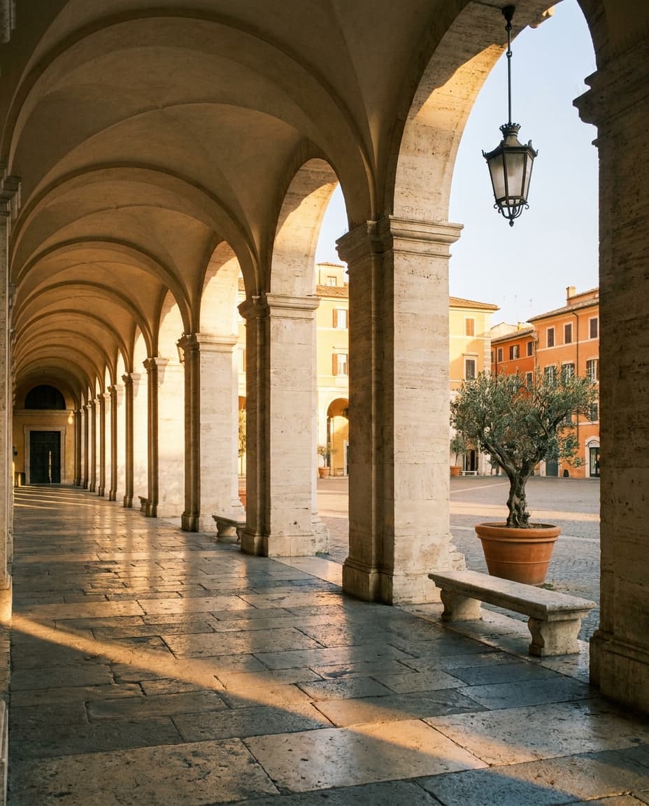Sonnenbeschienene italienische Arkade, die sich zu einer Piazza öffnet